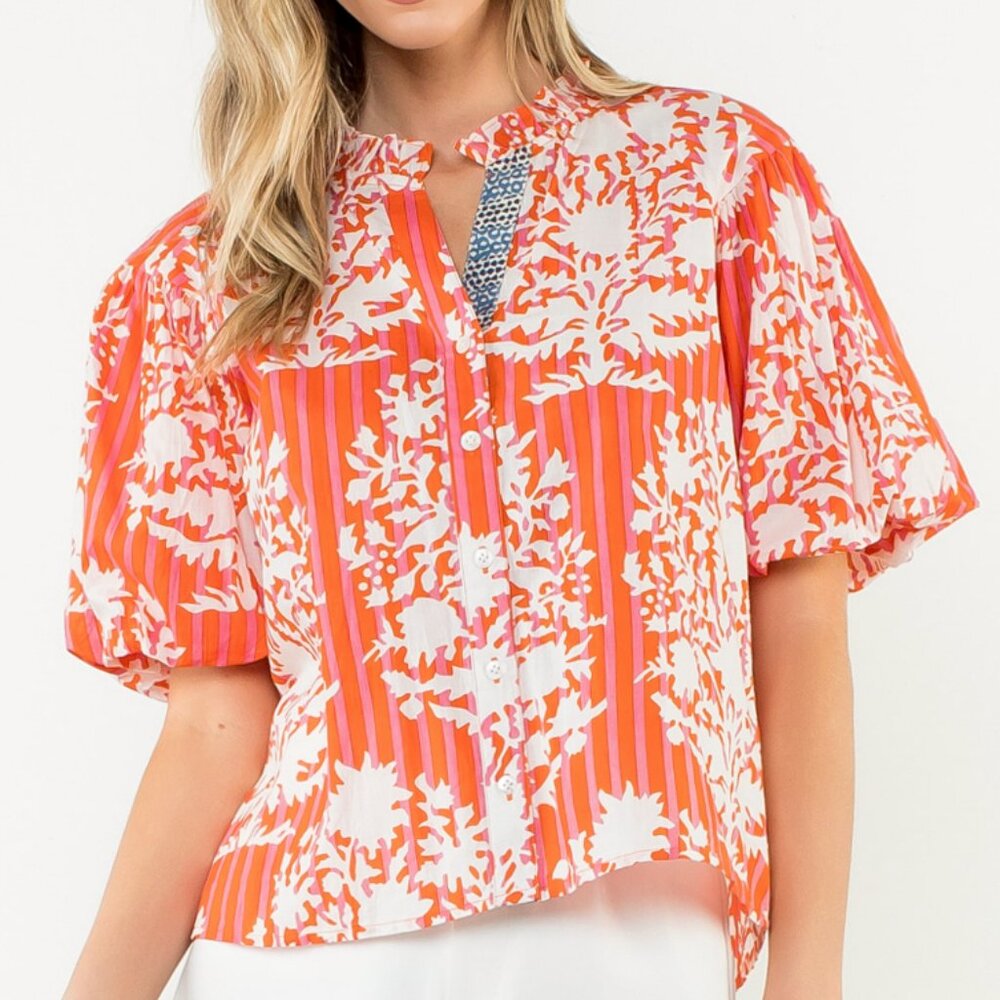 NWT THML Coral Botanical Stripe Puff Sleeve Blouse